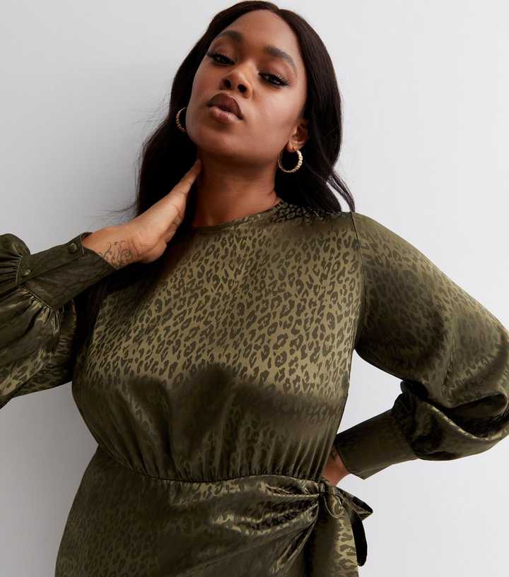 Curves Green Leopard Print Satin Long Sleeve Tie Front Mini Dress