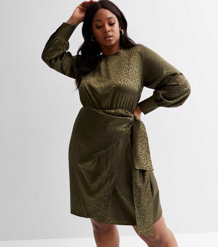 Curves Green Leopard Print Satin Long Sleeve Tie Front Mini Dress | New Look Curves Green Leopard Print Satin Long Sleeve Tie Front Mini Dress | New Look