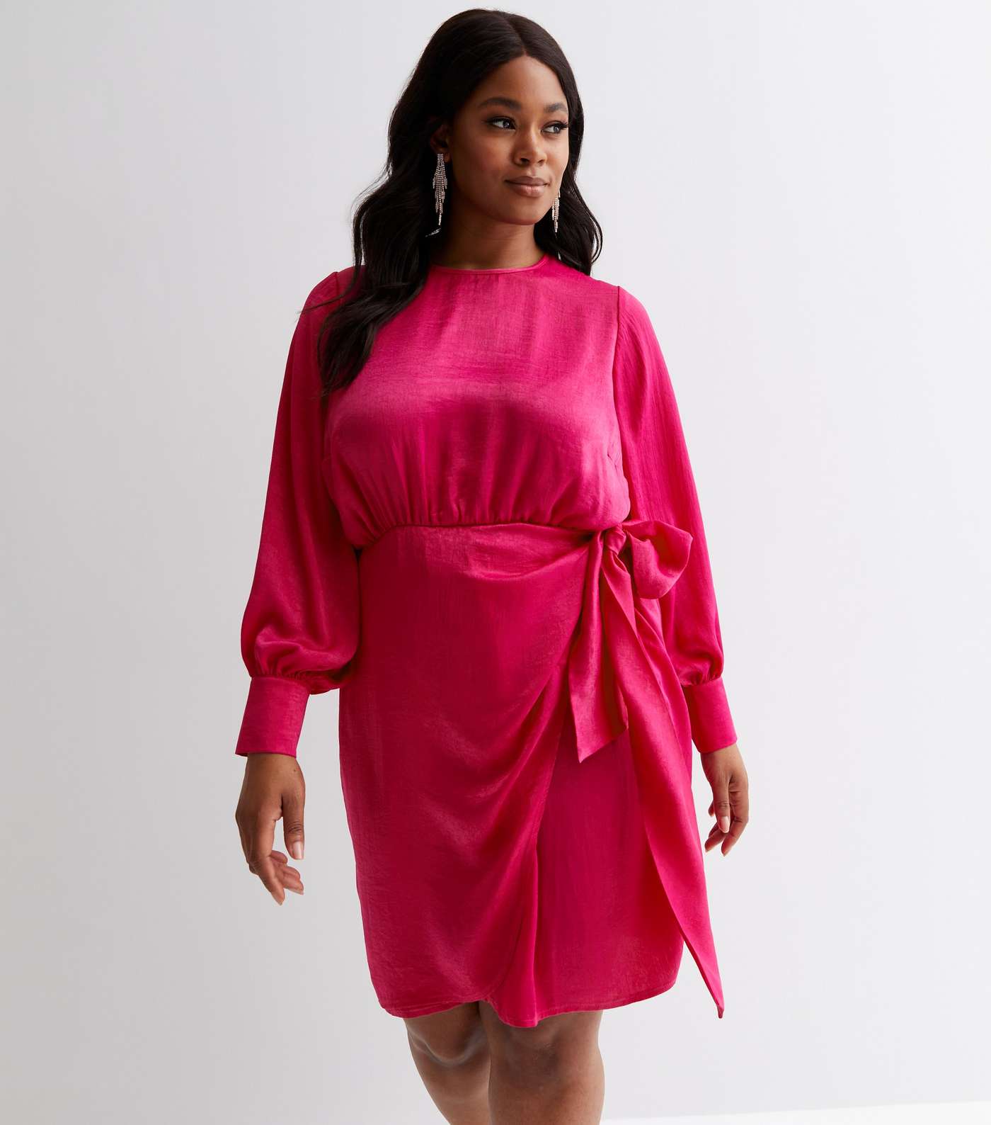 Curves Bright Pink Satin Crew Neck Long Sleeve Tie Waist Mini Dress
