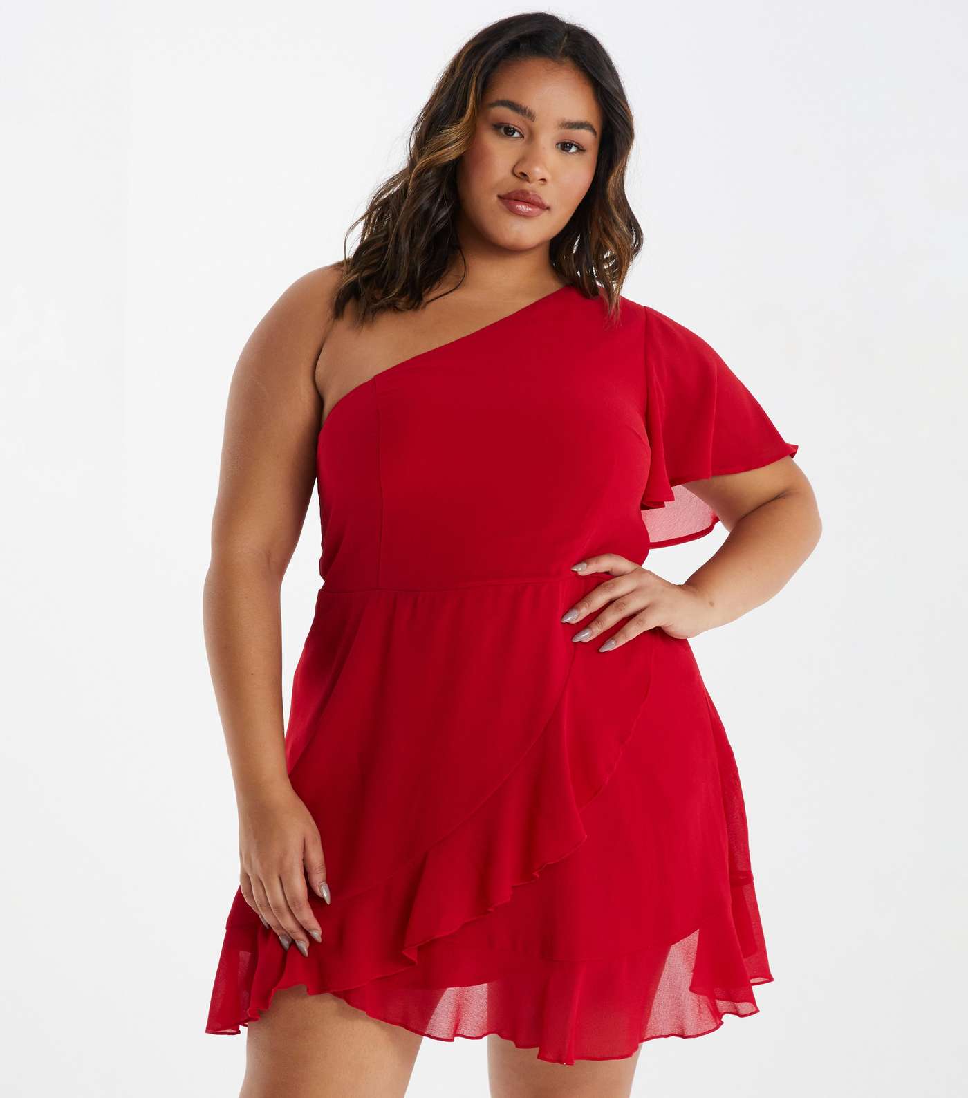 QUIZ Curves Dark Red Chiffon One Shoulder Mini Dress