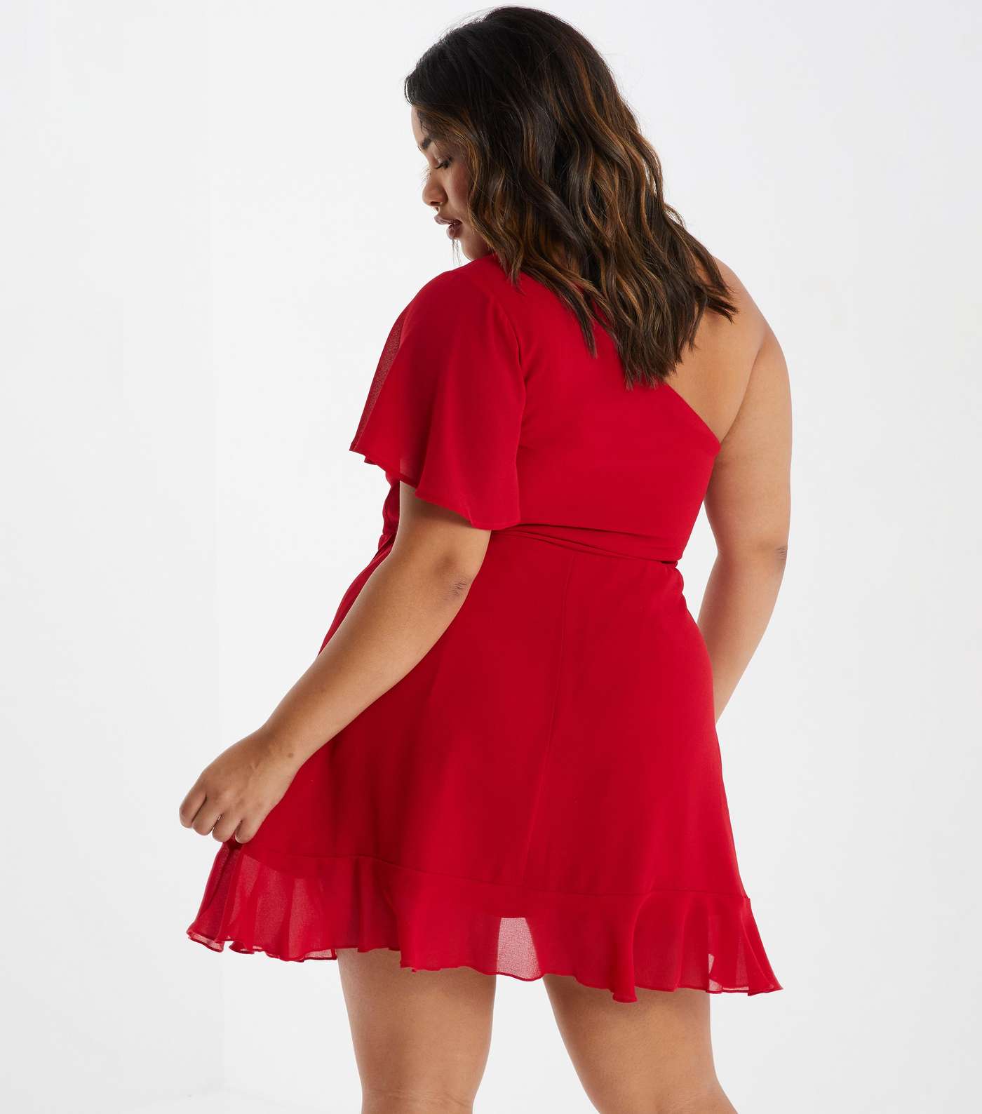 QUIZ Curves Dark Red Chiffon One Shoulder Mini Dress Image 3
