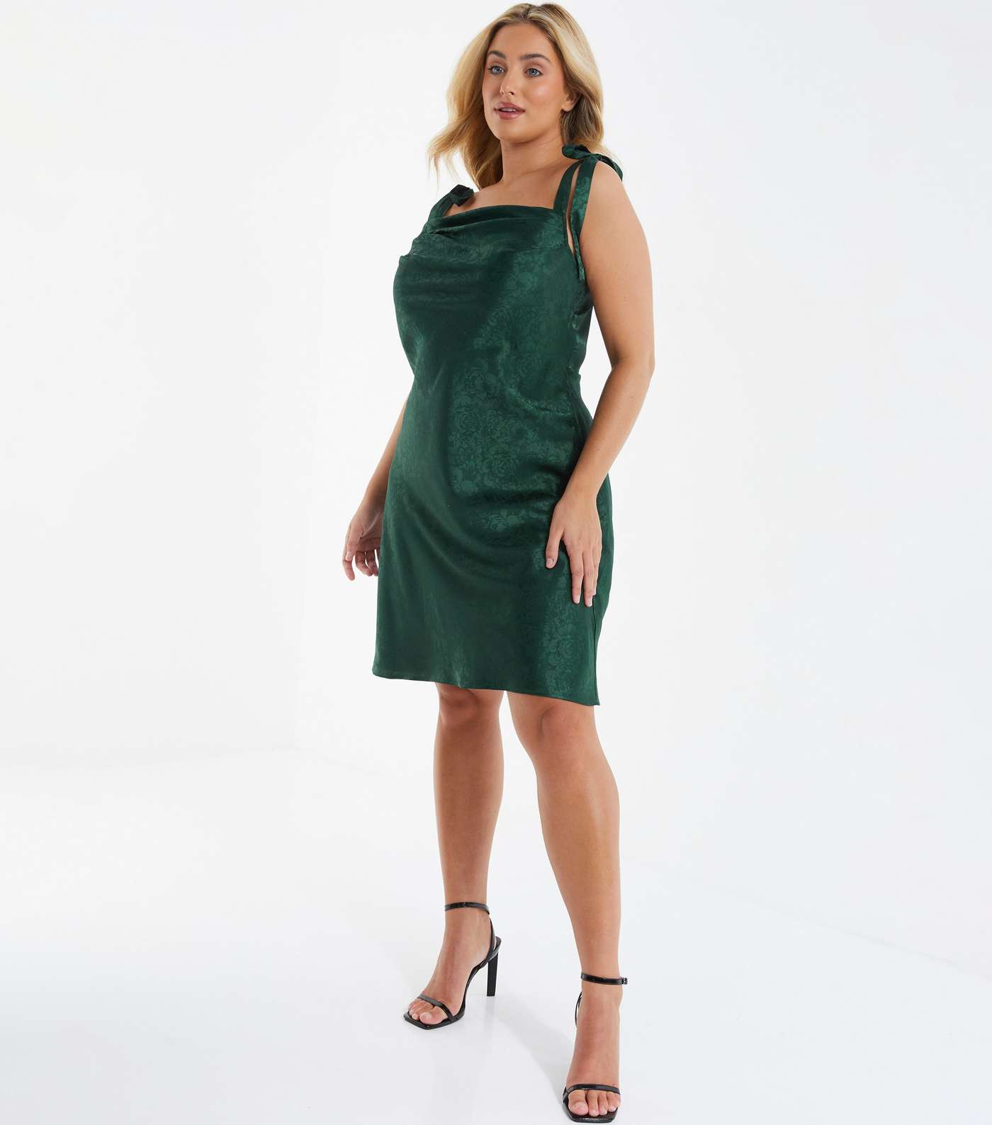 QUIZ Curves Green Floral Satin Tie Strappy Mini Slip Dress Image 2