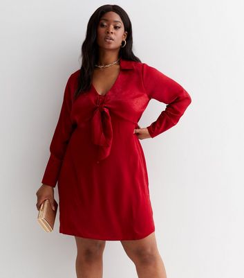 Curves Burgundy Velvet Satin Tie Front Mini Dress