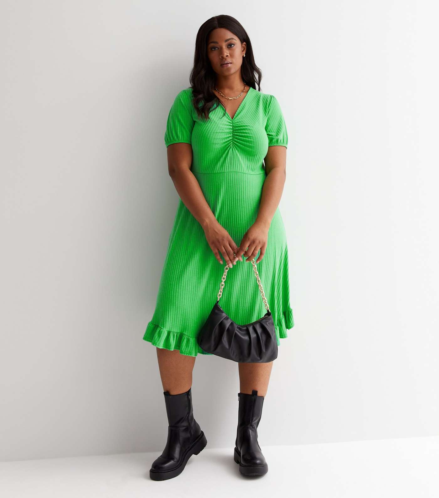 Curves Green Ribbed Ruched Frill Hem Midi Dress