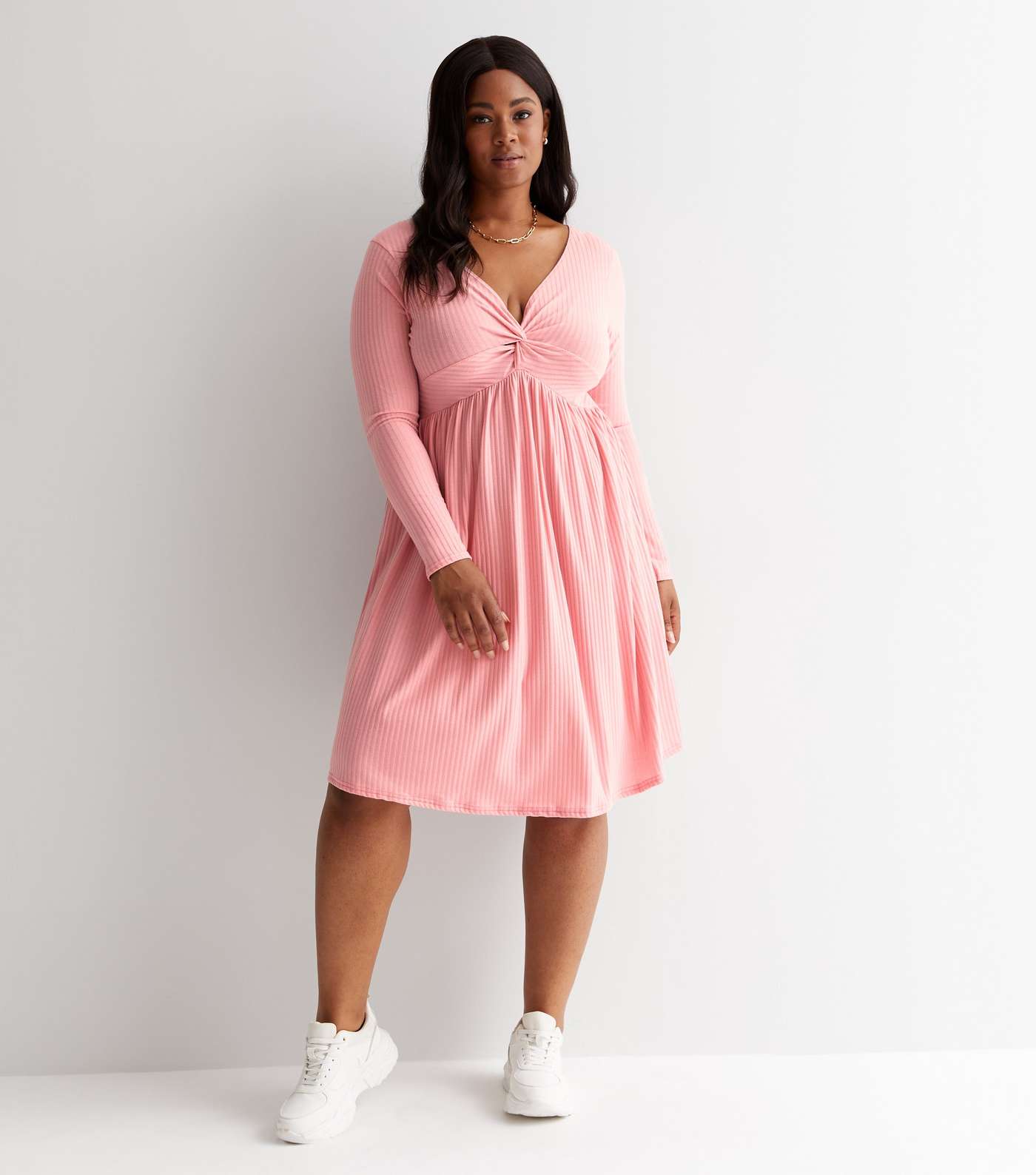 Curves Pink Ribbed Twist Front Midi Dress Image 2