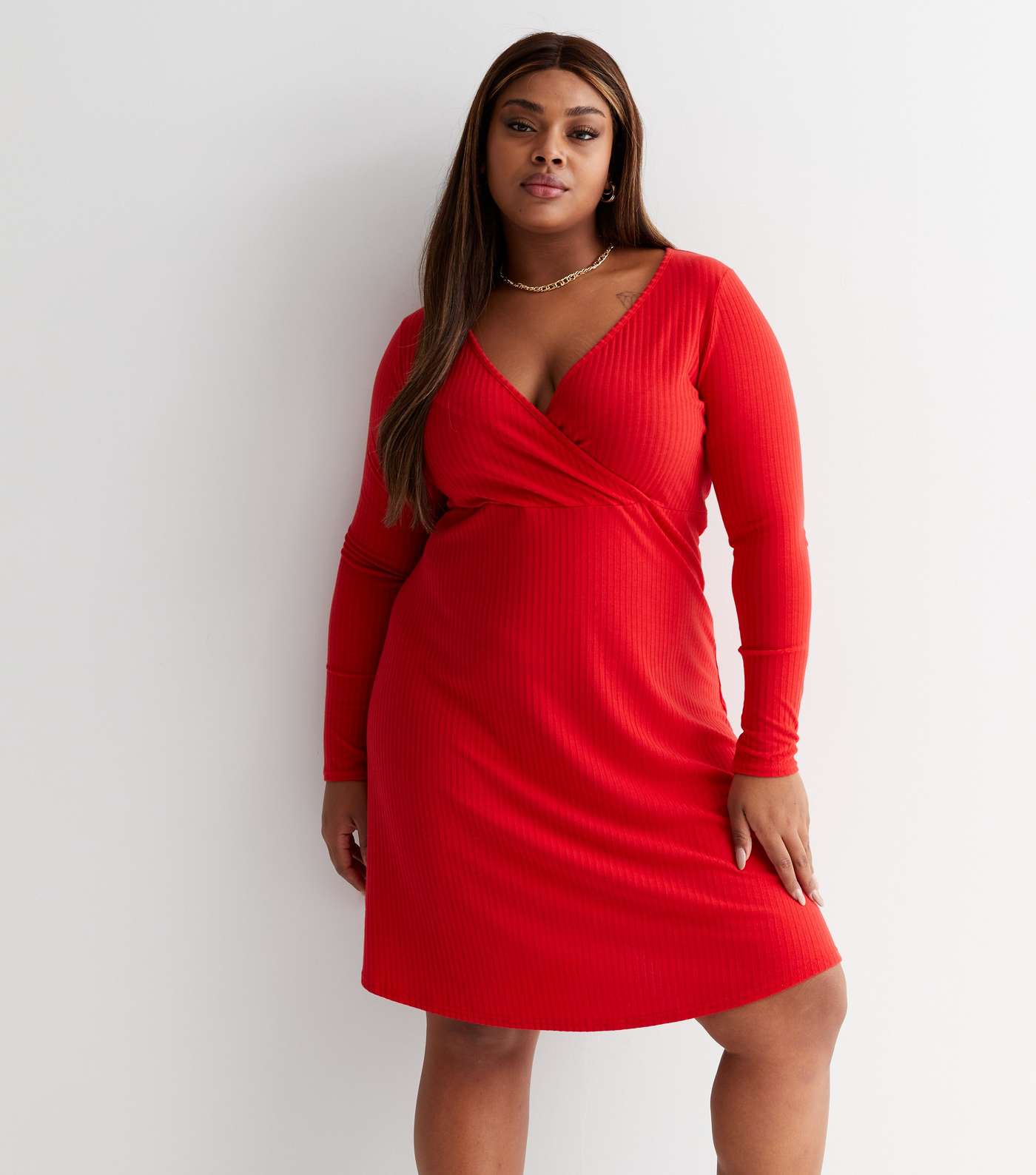 Curves Red Ribbed Jersey V Neck Long Sleeve Mini Wrap Dress