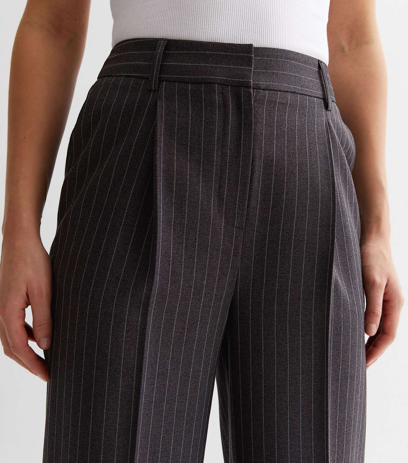 Dark Grey Pinstripe High Waist Wide Leg Trousers Image 2