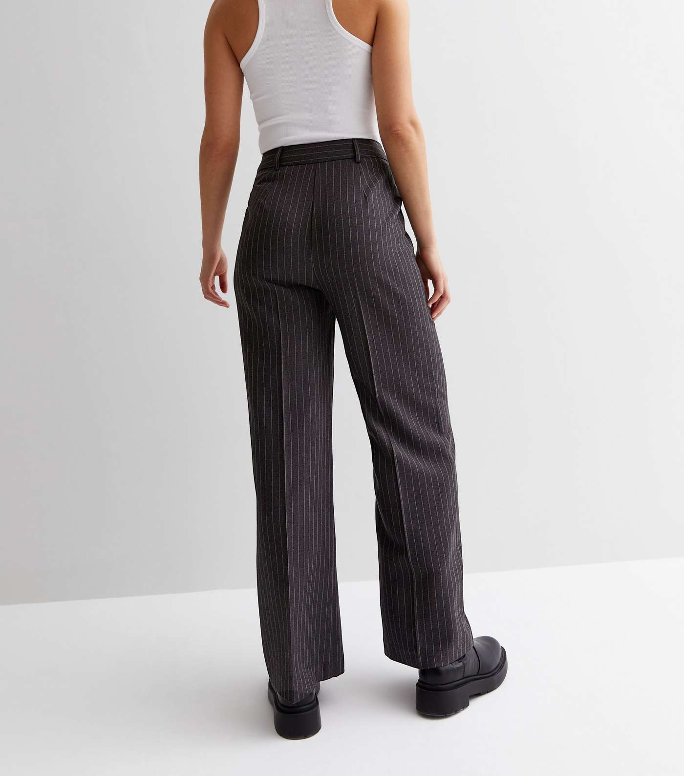 Dark Grey Pinstripe High Waist Wide Leg Trousers Image 4