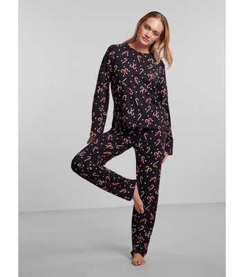 PIECES Black Long Sleeve Pyjama Set with Candy Cane Print