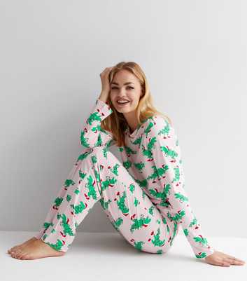 PIECES White Long Sleeve Pyjama Set with Christmas Dinosaur Print