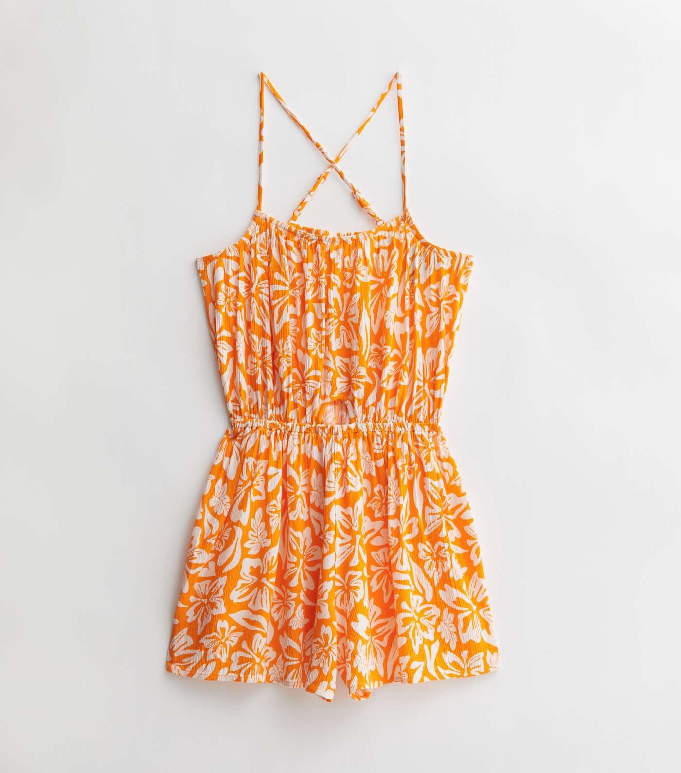 Girls Orange Floral Cheesecloth Cut Out Cross Back Playsuit Image 5