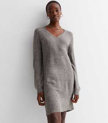 JDY Dark Grey Fine Knit V Neck Long Sleeve Mini Dress