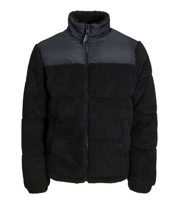 Men's Jack & Jones Black Teddy Colour Block Puffer Jacket New Look