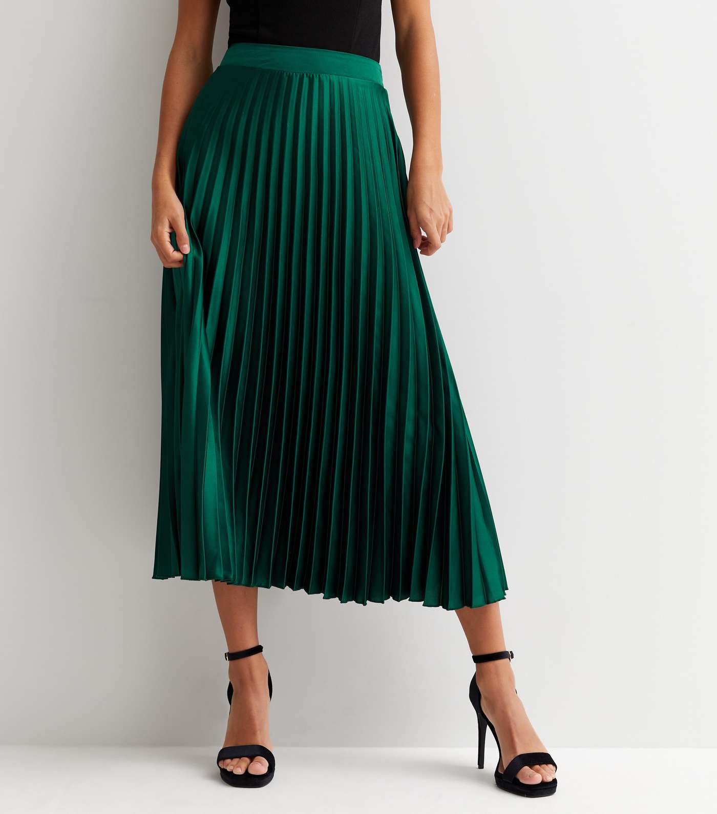Dark Green Satin Pleated Midi Skirt Image 2