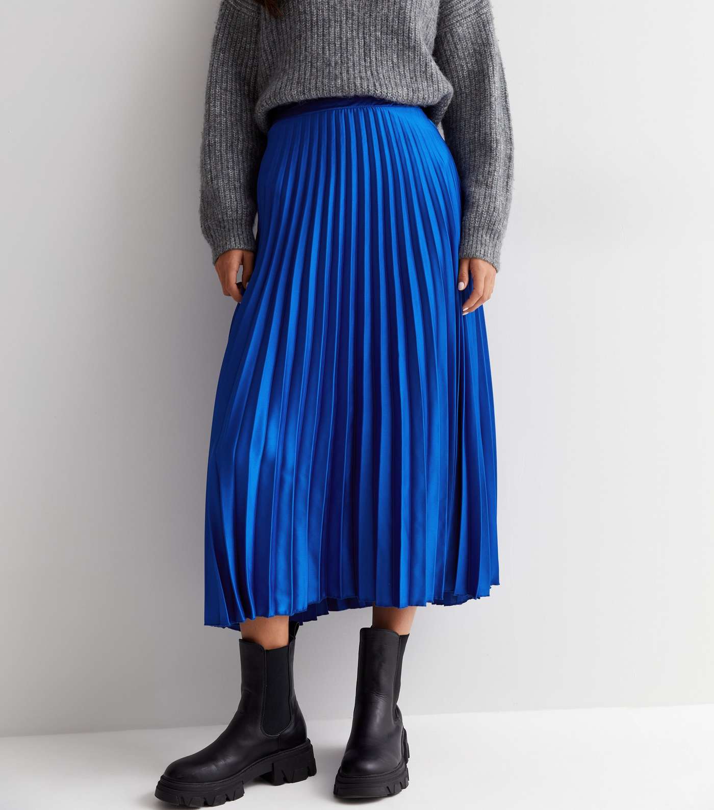 Blue Satin Pleated Midi Skirt Image 2