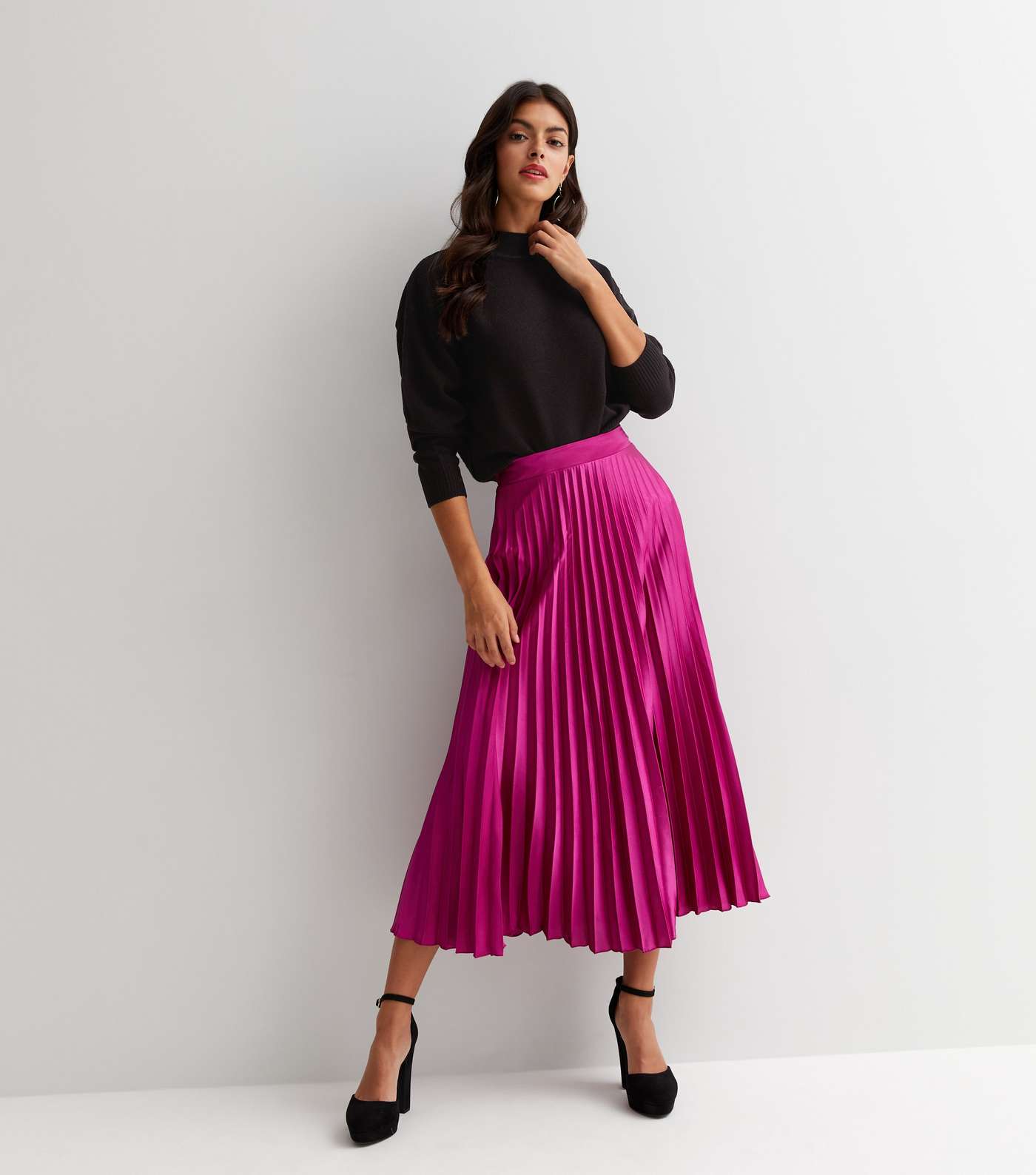 Deep Pink Satin Pleated Midi Skirt