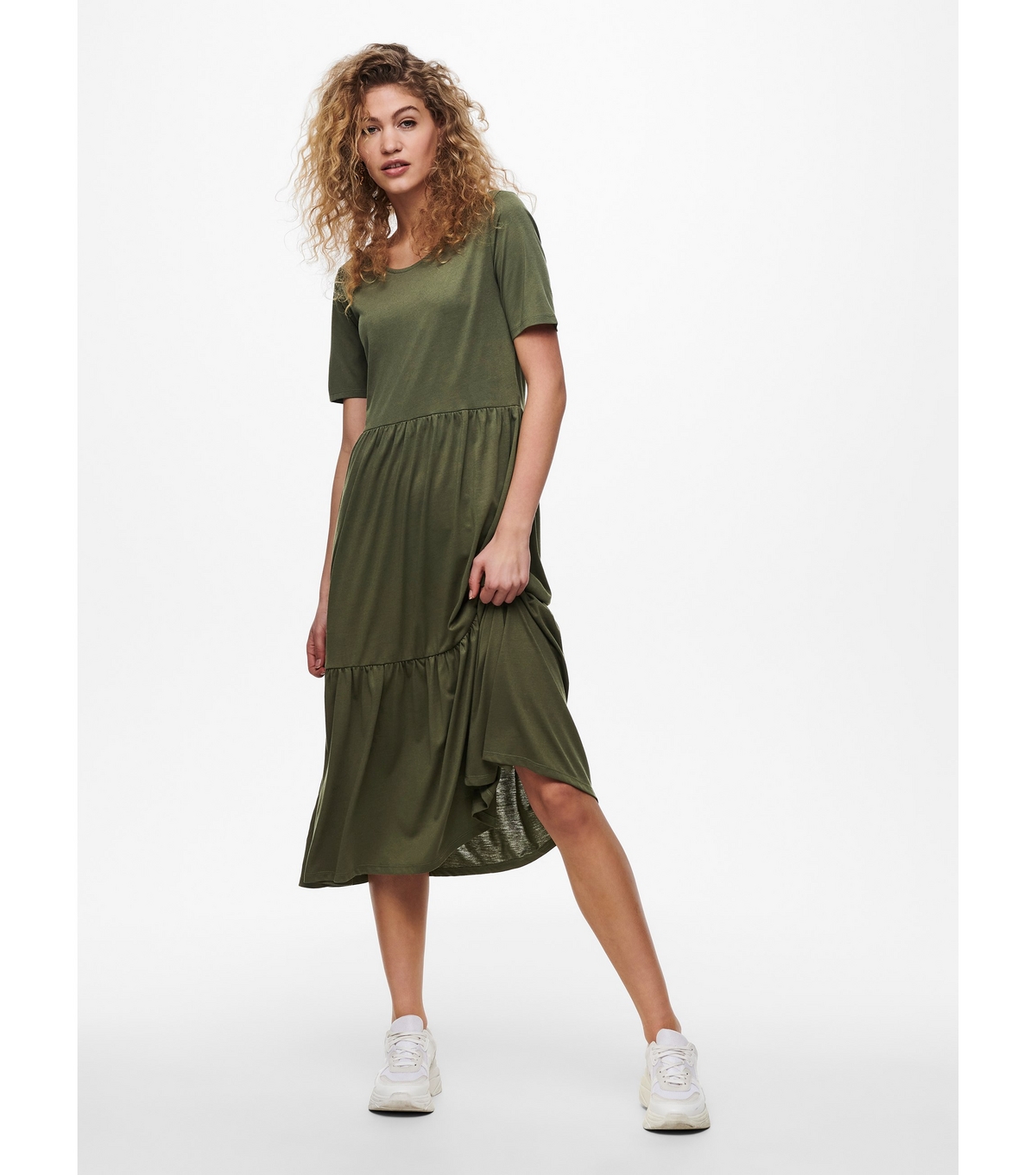 Women's Khaki Short Sleeve Tiered Midi Dress JDY New Look