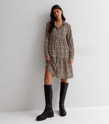 JDY Black Leopard Print Long Sleeve Tiered Hem Mini Shirt Dress