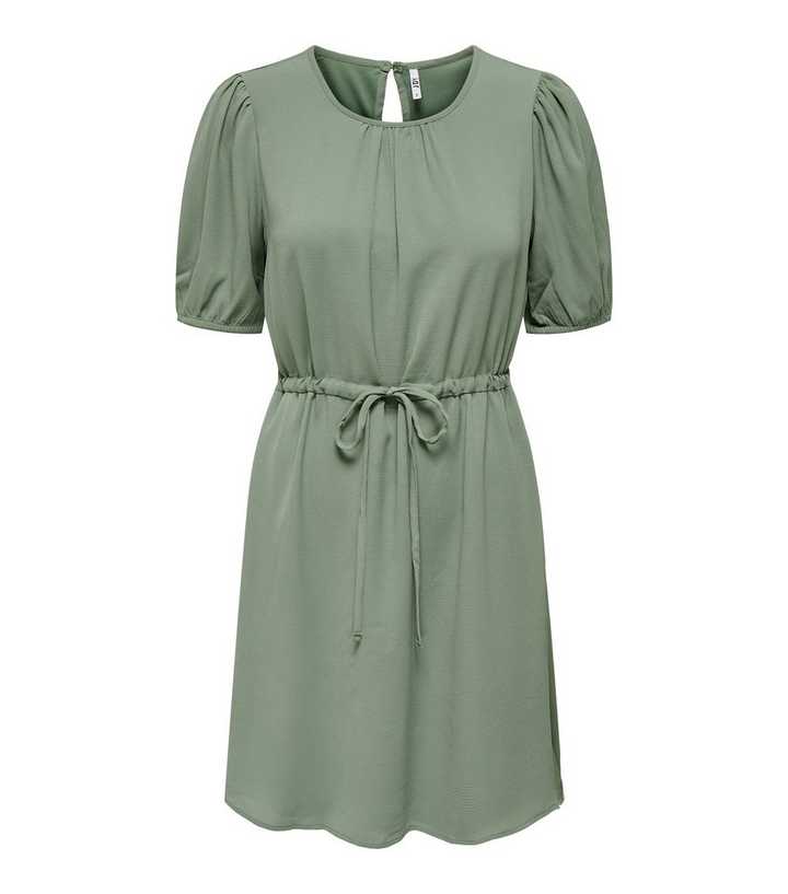 JDY Olive Round Neck Short Sleeve Tie Waist Mini Dress | New Look