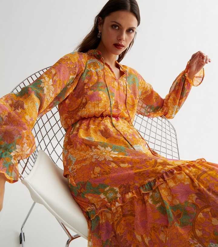 JDY Yellow Floral Chiffon Long Sleeve Tiered Maxi Dress | New Look