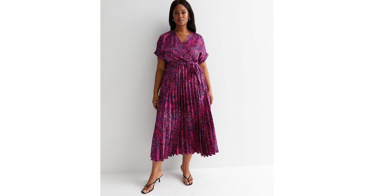 Curves Pink Animal Print Satin Pleated Midaxi Wrap Dress | New Look