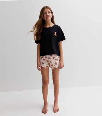 Girls Black Short Pyjama Set with Pizza Sloth Print