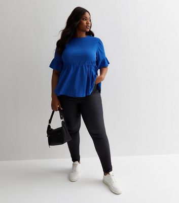 Curves Bright Blue Crinkle Jersey Short Frill Sleeve Peplum Top New Look