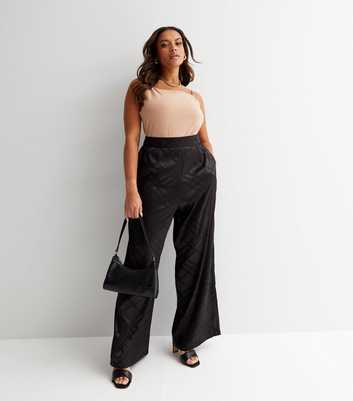 Curves Black Check Satin Jacquard Wide Leg Trousers