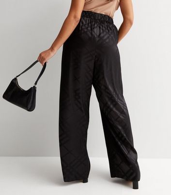 Curves Black Check Satin Jacquard Wide Leg Trousers | New Look