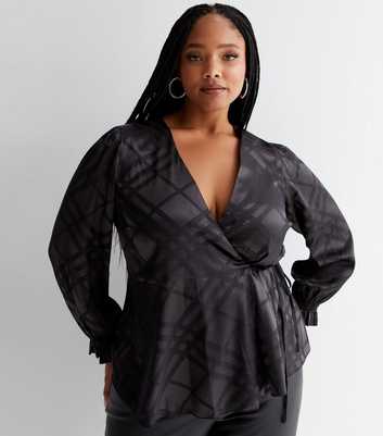 Curves Black Check Jacquard Satin V Neck Long Sleeve Peplum Wrap Top