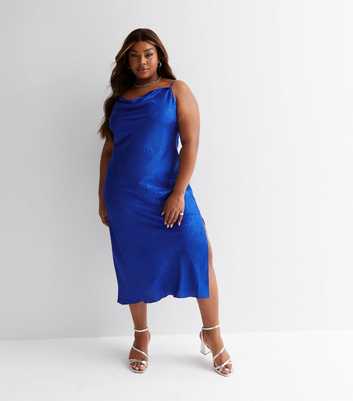 Curves Bright Blue Satin Jacquard Midi Slip Dress