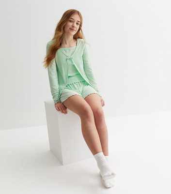 Girls Mint Green Ribbed Tie Front Cardigan Cami and Short Lounge Set