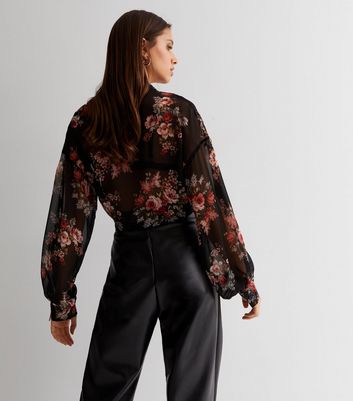 Black Floral Chiffon Collared Long Sleeve Tie Front Shirt New Look