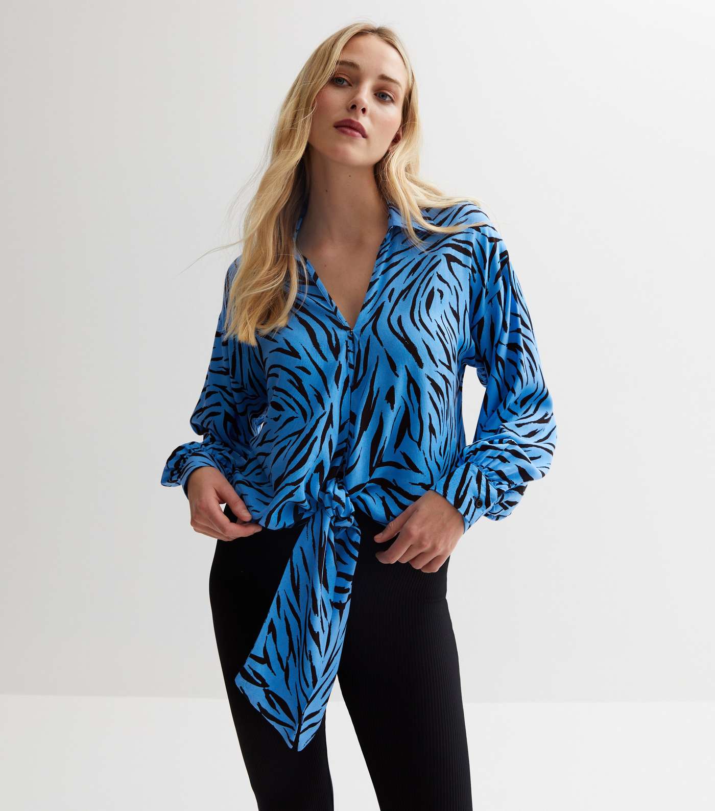 Blue Zebra Print Satin Long Sleeve Tie Front Shirt