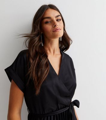 Black Satin Pleated Short Sleeve Mini Wrap Dress | New Look