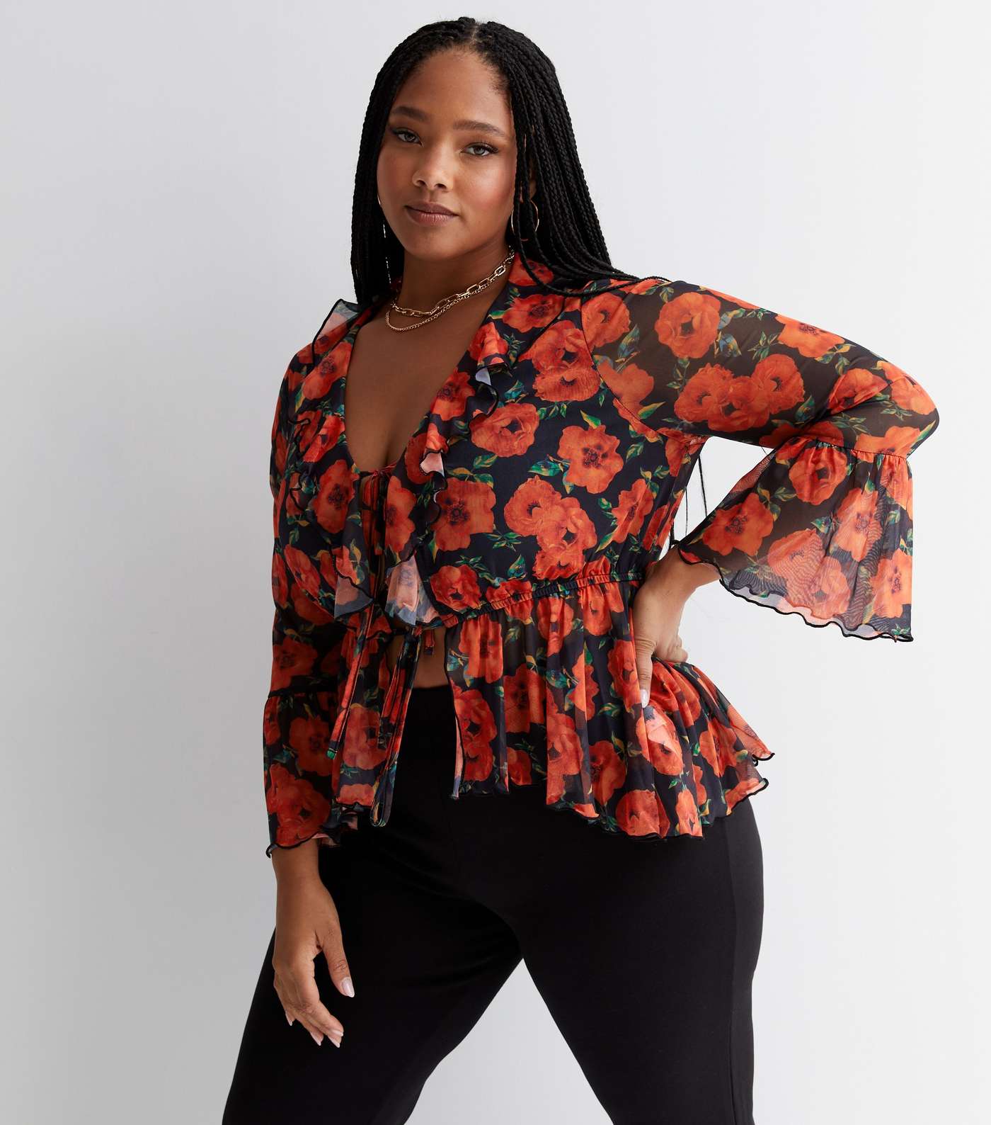 Curves Red Floral Mesh Long Flared Sleeve Tie Front Peplum Top Image 3
