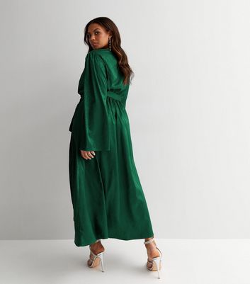 Curves Green Jacquard Satin Long Sleeve Midi Wrap Dress