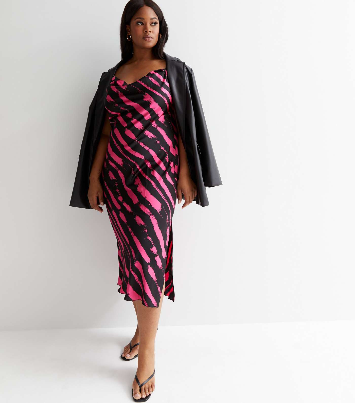 Curves Pink Abstract Satin Cowl Neck Strappy Midi Dress Image 3
