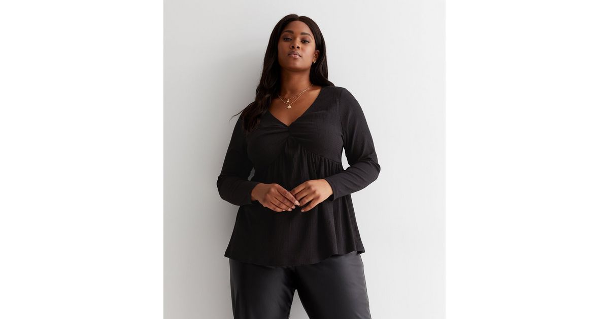 Curves Black Crinkle Peplum Top | New Look