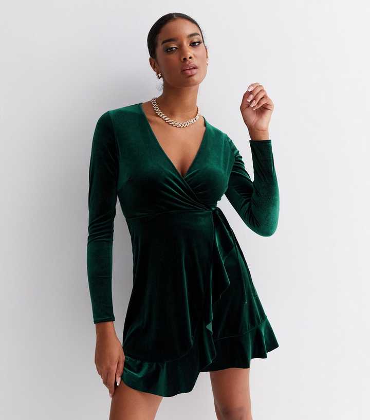The Green Long Sleeve Velvet Mini Dress - Women's Green Velvet