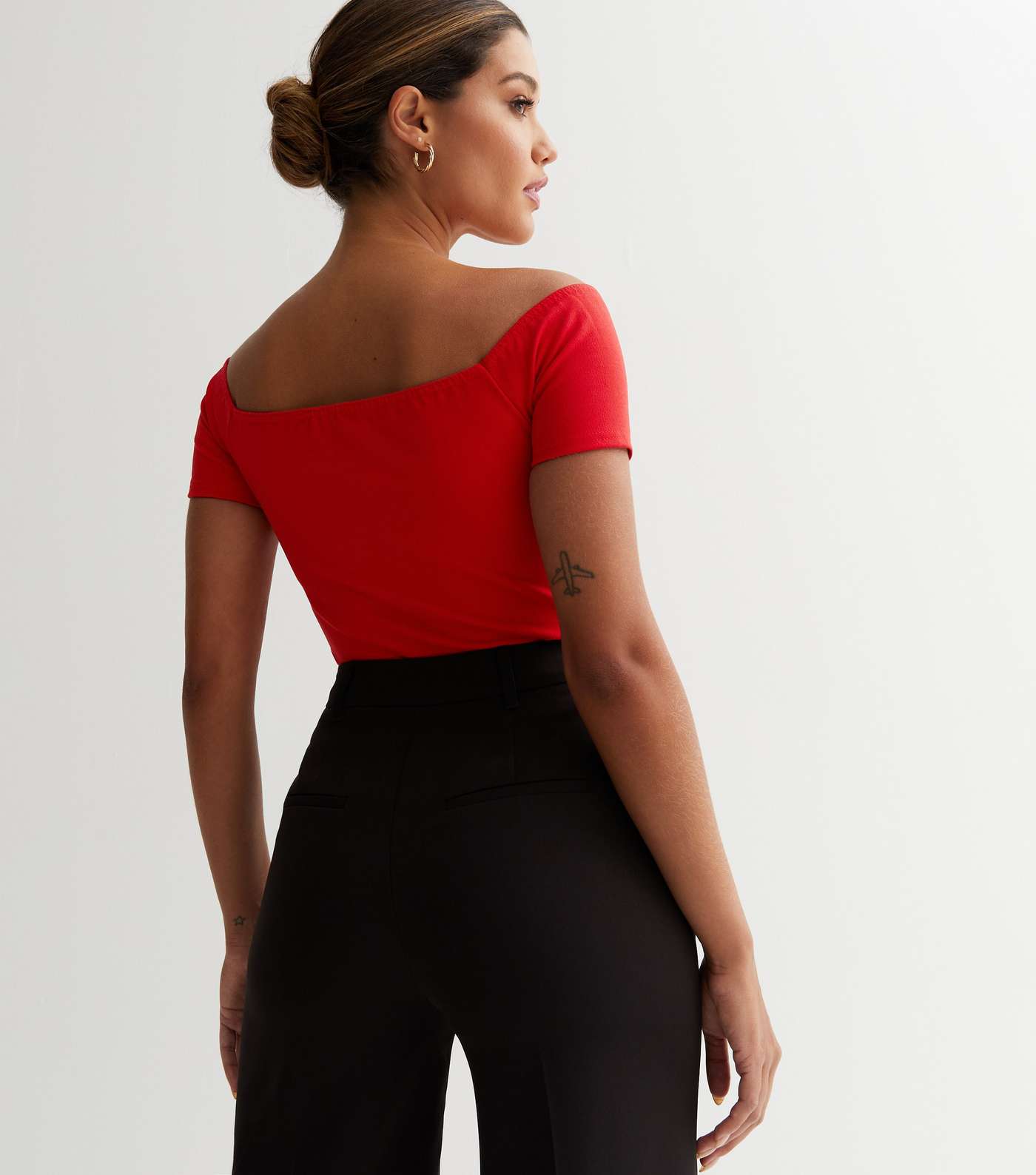 Red Crepe Bardot Short Sleeve Bodysuit Image 4