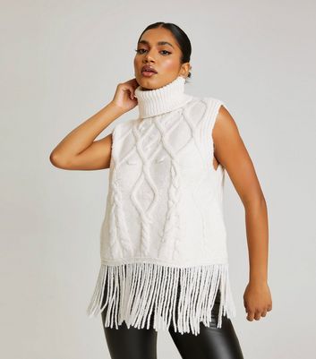 Urban Bliss Cream Cable Knit Roll Neck Tassel Trim Vest New Look