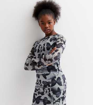 Girls Black Butterfly Mesh Long Sleeve Top