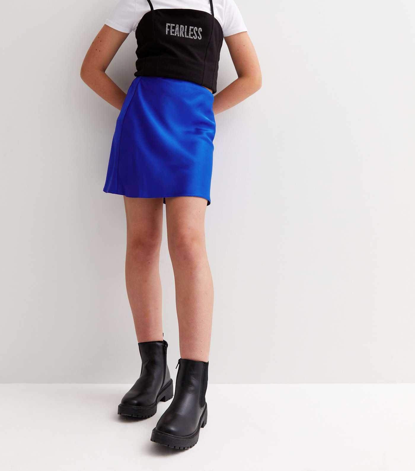 Girls Blue Satin High Waist Mini Skirt Image 3