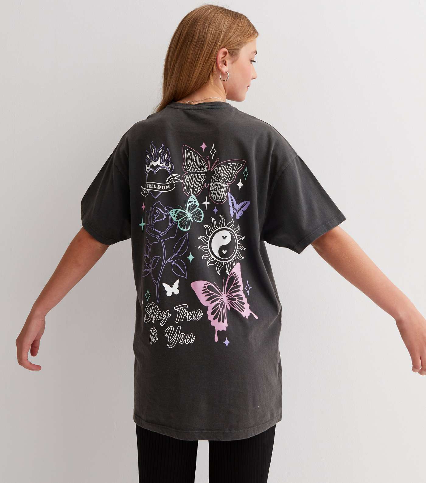 Girls Dark Grey Butterfly Freedom Logo Long T-Shirt Image 2