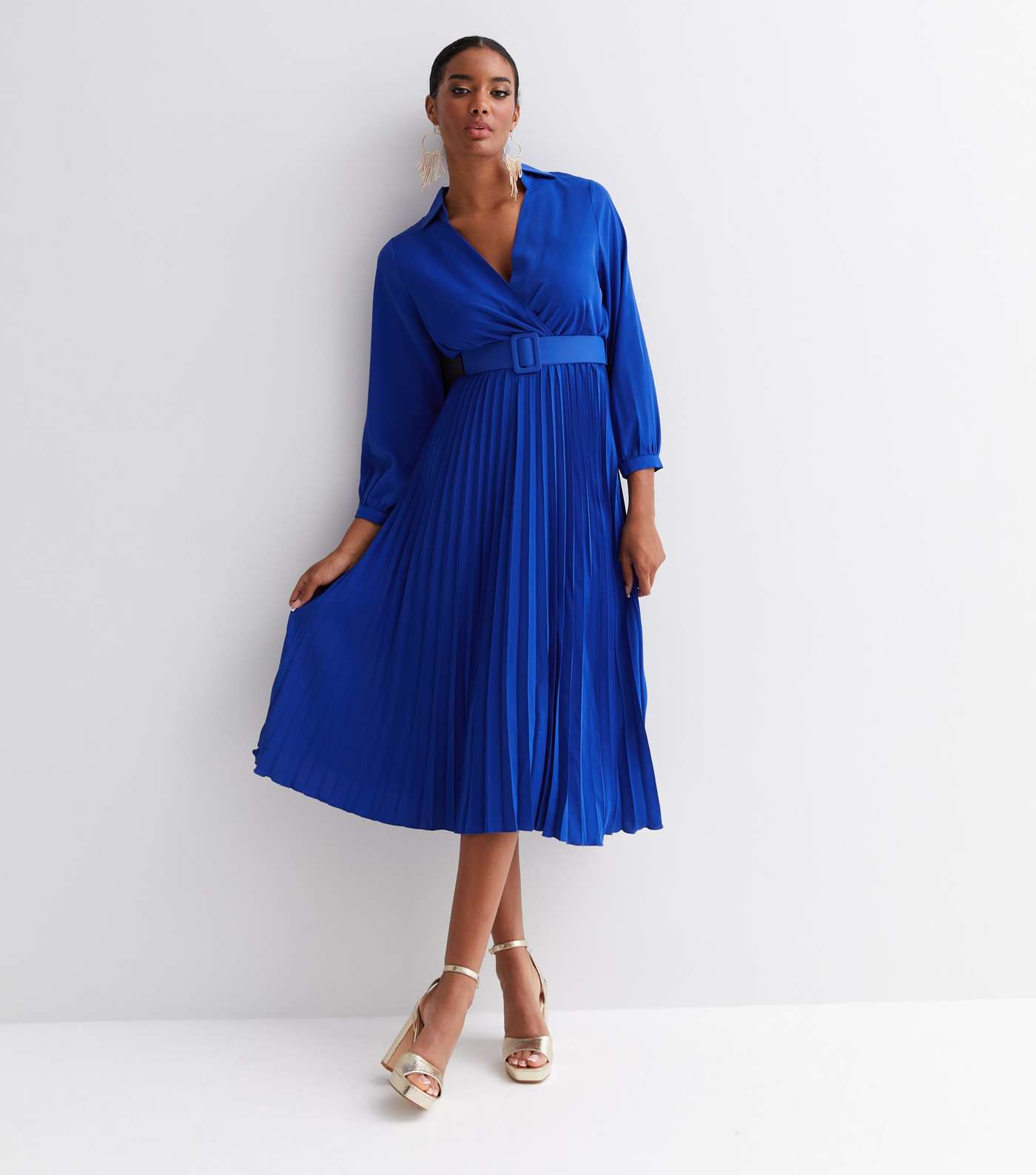 Cameo Rose Bright Blue Satin Collared Pleated Belted Midi Wrap Dress Image 2