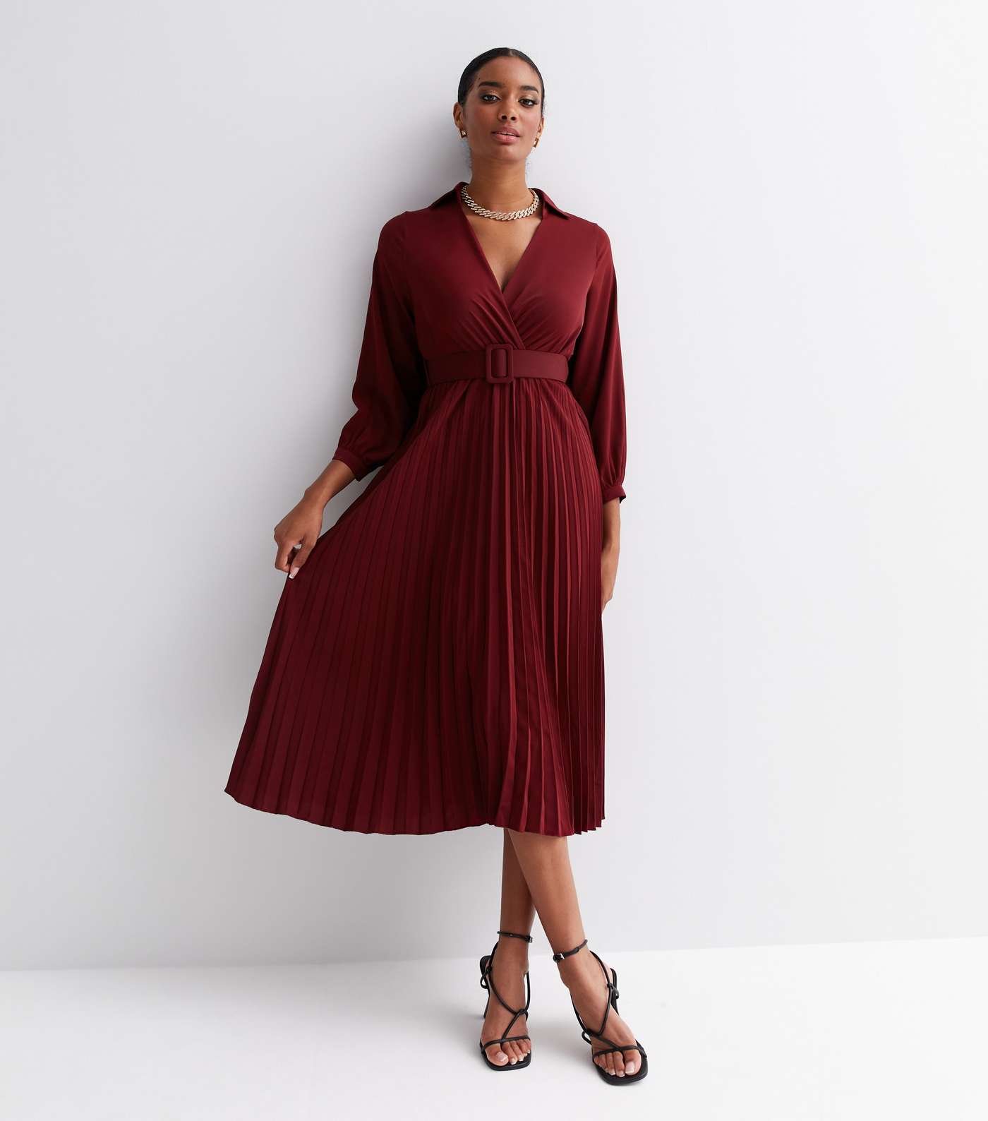 Cameo Rose Burgundy Satin Collared Pleated Belted Midi Wrap Dress
