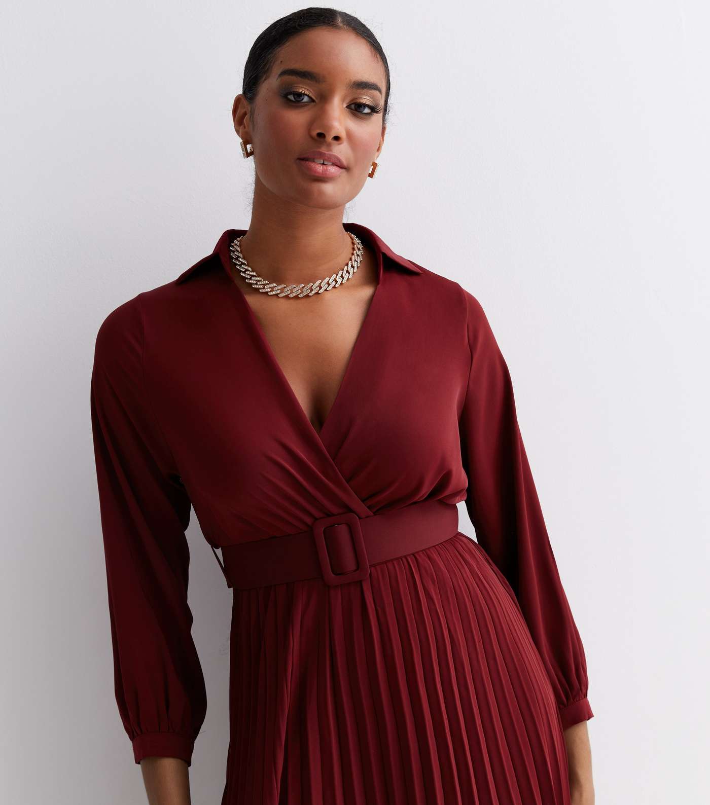 Cameo Rose Burgundy Satin Collared Pleated Belted Midi Wrap Dress Image 3