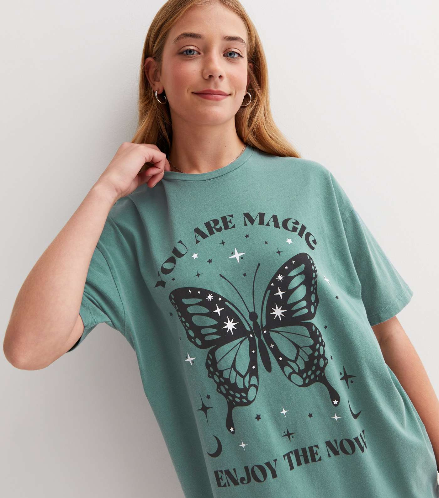 Girls Mint Green Butterfly Logo Oversized T-Shirt Image 2