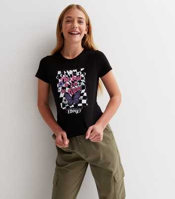 Girls Black Checkerboard Butterfly Logo T-Shirt